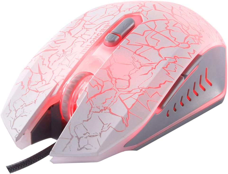 JINLONG Ergonomic Wired Game Computer Mouse with 4 Soothing LED Colors, 4 DPI Change (White)