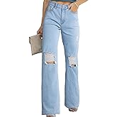 Sidefeel Women's Ripped High Waisted Jeans Wide Leg Destroyed Denim Pants