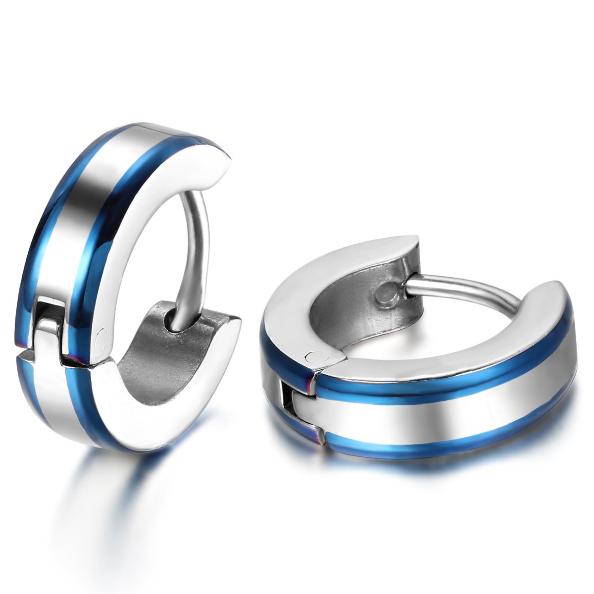 JewelryWe 2pcs Stainless Steel Mens Huggie Hinged Hoop Stud Earrings Set, One Pair, Color Blue Silver (with Gift Bag)