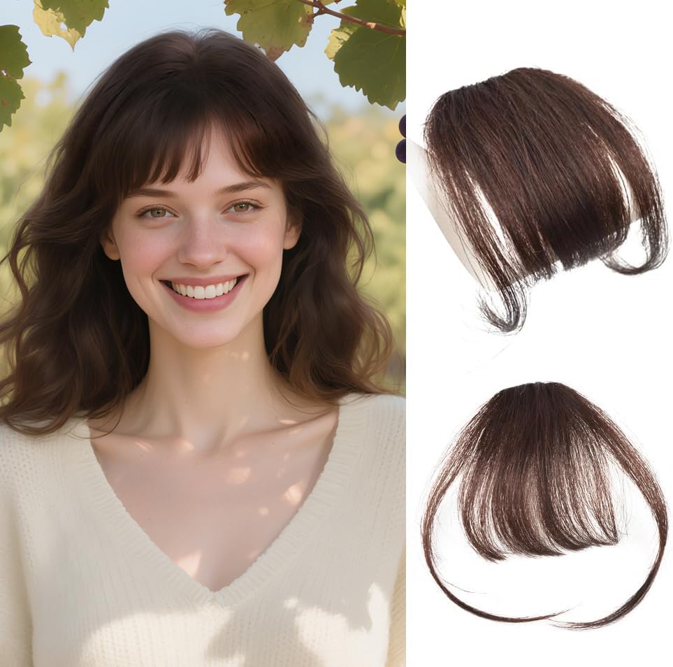 Clip in Bangs 100% Human Hair in Hair extensions Fringe with Temples Clip Hairpieces for Party and Daily Wear（Air Bangs,Dark Brown）