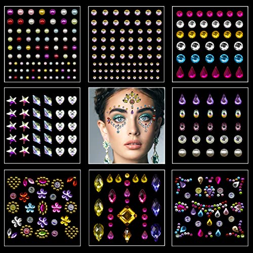 BLESWIN 8 Count Self-Adhesive Rhinestone, DIY Face Jewels Stick on Eye Body Face Gems Rhinestone Stickers, Nail Arts