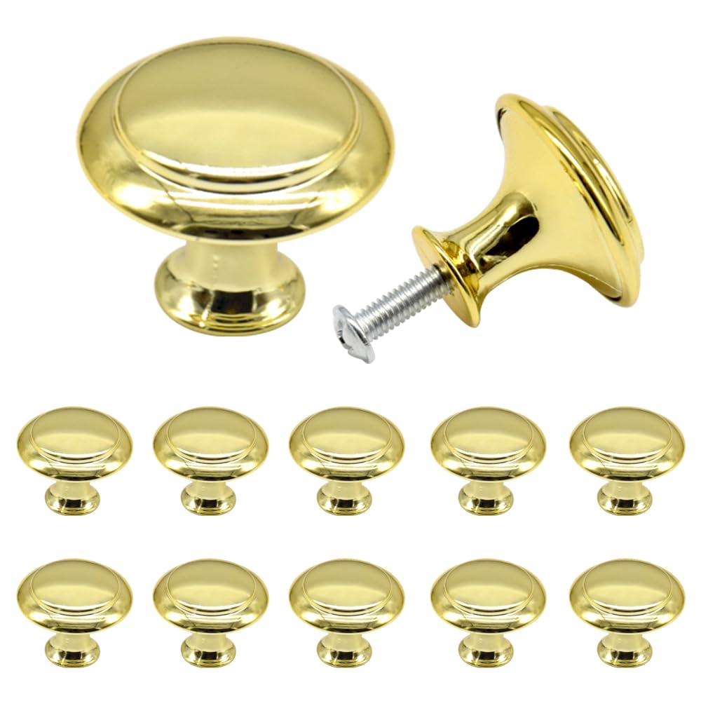 Yosawo 12 Pcs Vintage Cabinet Knobs Round Solid Knobs Handles with Screws for Cabinet, Wardrobe, Drawer, Bathroom Racks (27mm/Gold)