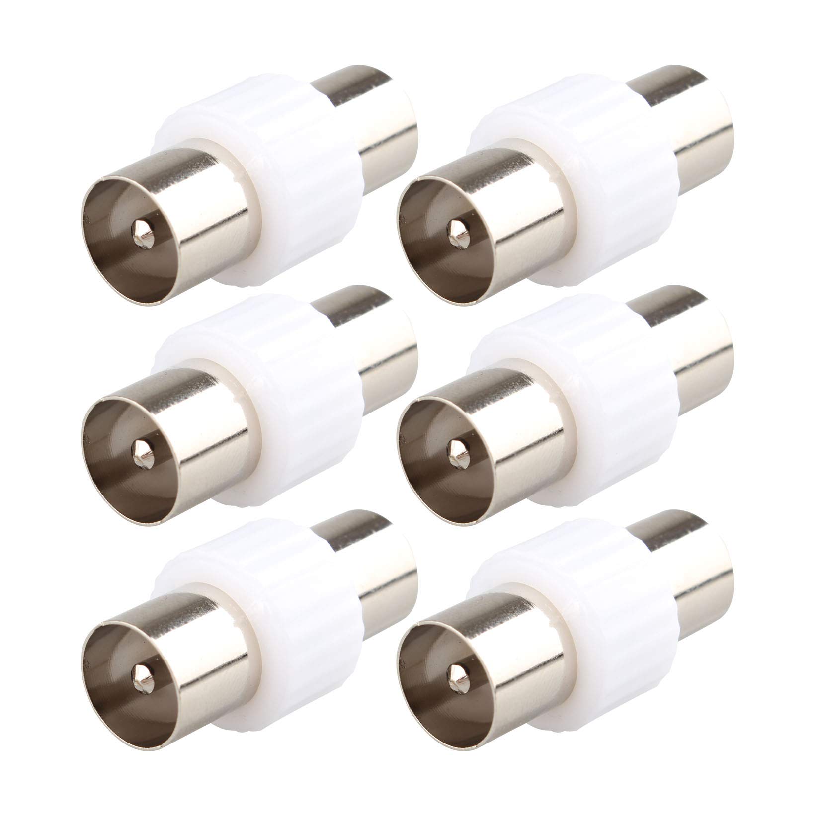 Jopto 6PCS Silver Plated TV Aerial Male To Male Adapter Plug Straight RF Coupler TV Coax Aerial Cable Gender Changer Joiner Adapter Durable Male Socket To Male Connector Antenna Extension White