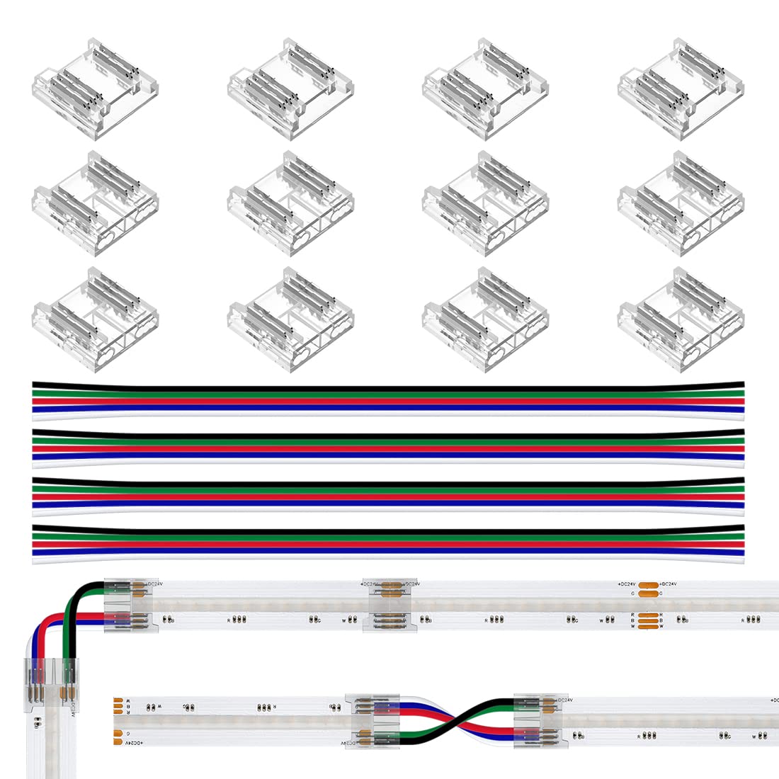 BTF-LIGHTING FCOB RGBW 5pin 12 mm Connector Kit 12 Pieces Transparent Connector 4 Pieces 15 cm Long 24AWG Extension Cable Wire/Board to Board for Gap Free Soldering and 5-Pin LED Light Corner