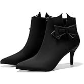 Ermonn Womens Pointed Toe Ankle Boots Stiletto Heels Side Zipper Bow Faux Suede Booties Wedding Dress Shoes