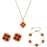 EZSONA Clover Jewelry Set for Women - Gold-Tone Stainless Steel Four Leaf Clover Necklace, Bracelet, and Earrings, Lucky Charm Fashion Jewelry