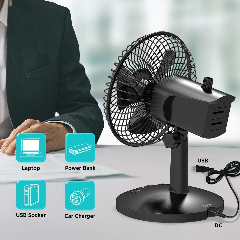 EasyAcc USB Desk Fan,Oscillating Desk Fan Floor Fan 3 Speed Adjustable Head Mini Small Table Fan Electric Automatic Personal Portable Cooling Fan Quiet Brushless Fan for Home Office Travel BBQ Camping: Home & Kitchen