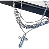Layered Cross Pearl Necklace With Trendy Watch Face Collarbone Chain Gothic-Punk Fusion Style Pendant Necklace Valentine's Day Gift