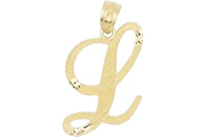 Ice on Fire Jewelry 10k Solid Real Gold Cursive Initial Pendant, English Alpahbet A-Z Letter Charm with Diamond Cut (L)