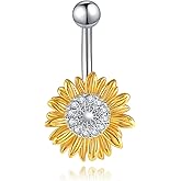 AXOMY Sunflower Daisy Belly Button Ring Dangle Hoop 925 Sterling Silver Hypoallergenic Belly Button Piercing Body Navel Rings Sexy Belly Button Jewelry Gifts for Women (14G)