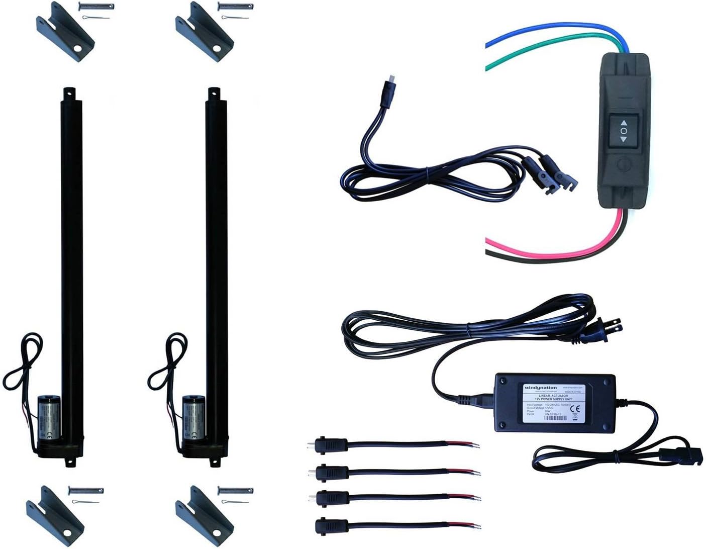 WindyNation (2pcs) 12 Volt, 225 lbs Linear Actuators + Up Down DPDT Switch + Power Supply + Mounting Brackets+ Connectors (2pcs 20" Linear Actuator, Momentary Switch)