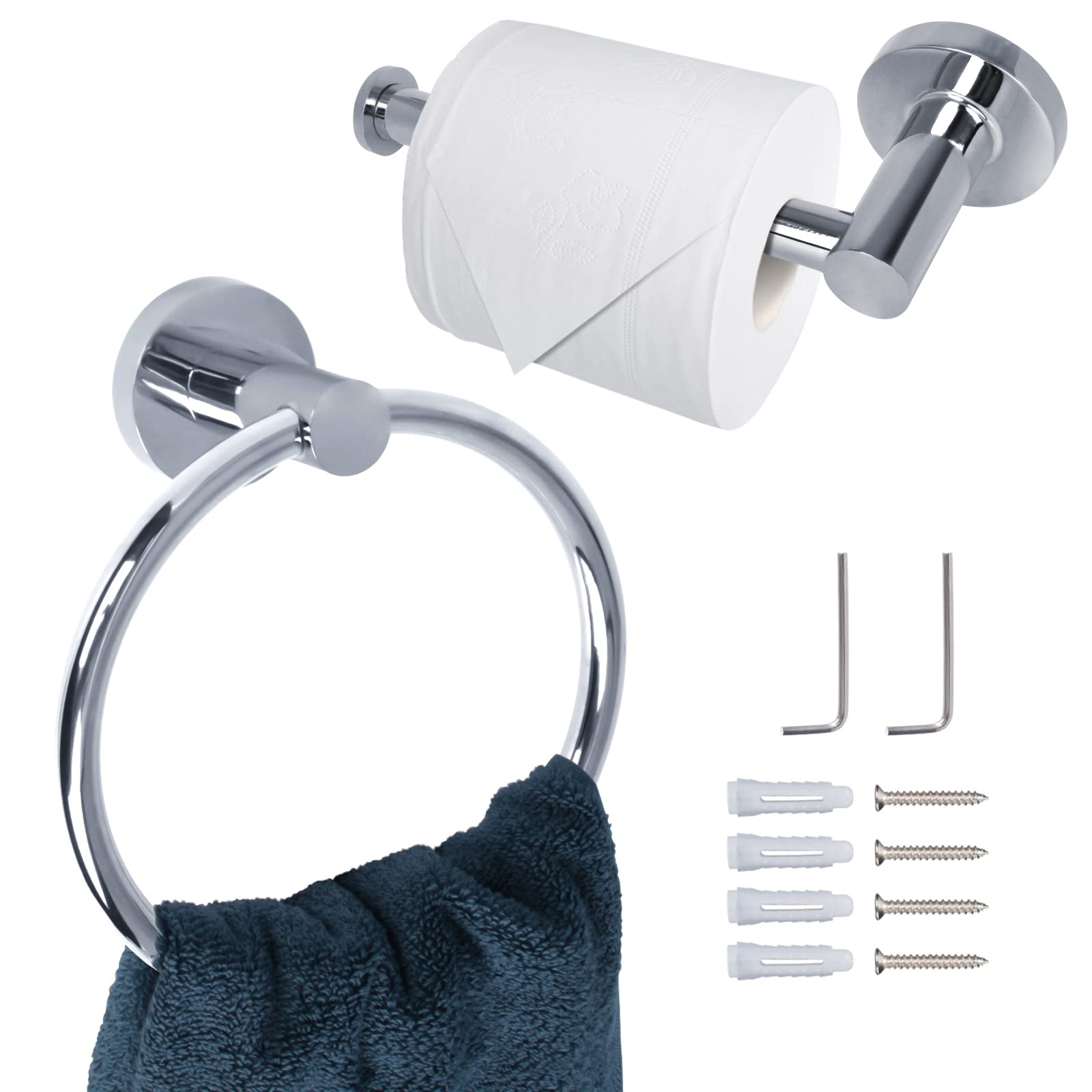 Toilet Roll Holder and Towel Rail Set Wall Mounted - 2 Pieces Chrome Tissue-Holder Towels Ring for Bathroom Kitchen Accessories Rustproof Waterproof, Silver