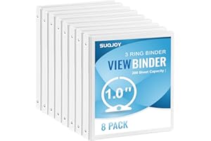 SUQJOY 1-inch 3-Ring Binder, 1 Inch Round Ring Binder with 2 Inside Pockets, 8 Pack White Binders, Clear View Cover, Holds 8.5'' x 11''Paper for Office/Home/Back to School