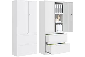 PEUKC 2-Drawer Metal File Cabinet, Lateral Vertical Filing Cabinets for Home Office, Locking File Cabinet with Storage Shelves, Legal/Letter/A4 Size (White, Assemble Required)