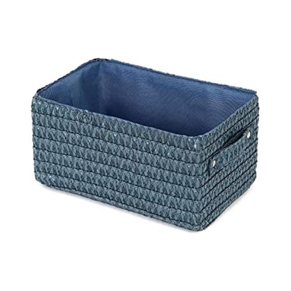 Compactor Rectangle Storage Basket with Pull Handle, Woven Storage Box Reinforced with Cardboard, For Cupboard, Desk and Shelf Storage, Blue with Matching Inner Lining, Lilou Range
