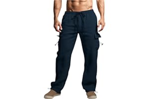 GENERIC Linen Cargo Pants Men Relaxed Drawstring Pants Elastic Waist Multi Pack Pants Lightweight Lounge Pants Loose Trousers
