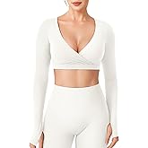YEOREO Women Workout Long Sleeve Crop Tops Aberney Double Lined Deep V Cross Front Padded Yoga Cropped T Shirt