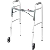 Drive Medical Two-Button Folding Walker w/ Wheels - Lightweight Rolling Mobility Support - Desk Arms - Adjustable Height - Du