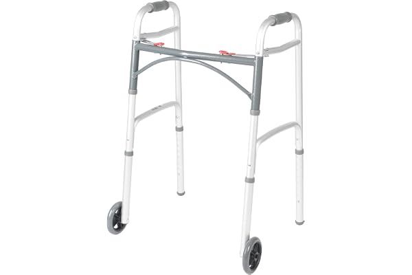 Drive Medical Two-Button Folding Walker w/ Wheels - Lightweight Rolling Mobility Support - Desk Arms - Adjustable Height - Du