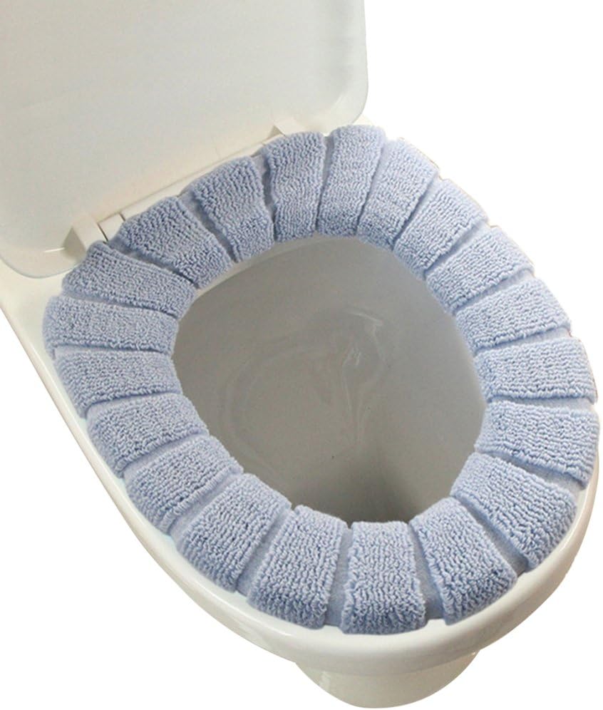 Jree Ash Toilet Seat Cover, Bathroom Essential Stretchable Washable Toilet Seat Lid Cover Pads, Soft Thicker Warmer O Type Plush Mat, Grey Blue Color