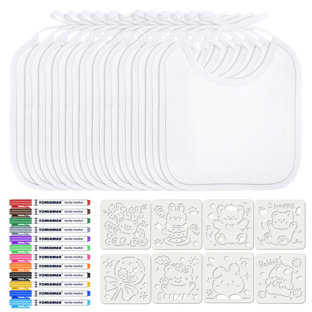 Aolso Baby Bibs for Painting, 12 Pieces Baby White Bibs, Waterproof Bibs for Baby with 12 Textile Pens and 8 Painting Stencils, Gift for Baby Shower Party, Drool Bib (20 x 17.5cm) — image 1