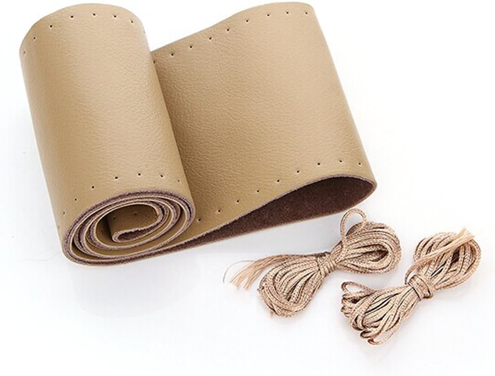 AULLY PARK Leather Car Steering Wheel Cover Stitch On Wrap Cover with Needle and Thread (Size M, Beige)