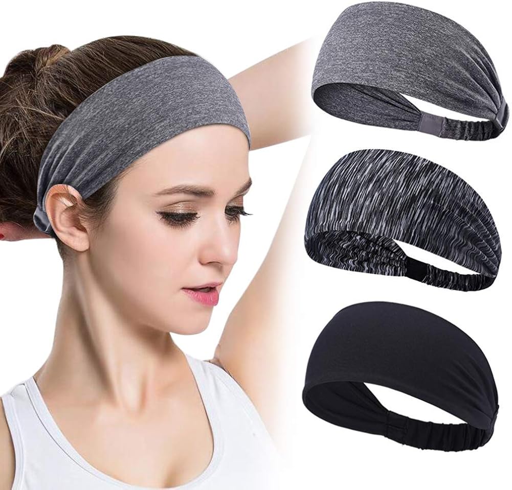 GoHZQ Sports Headband for Women 3 Pack Running Yoga Workout Headband Elastic Cotton Fabric Lightweight Non-slip Wicking Sweatband