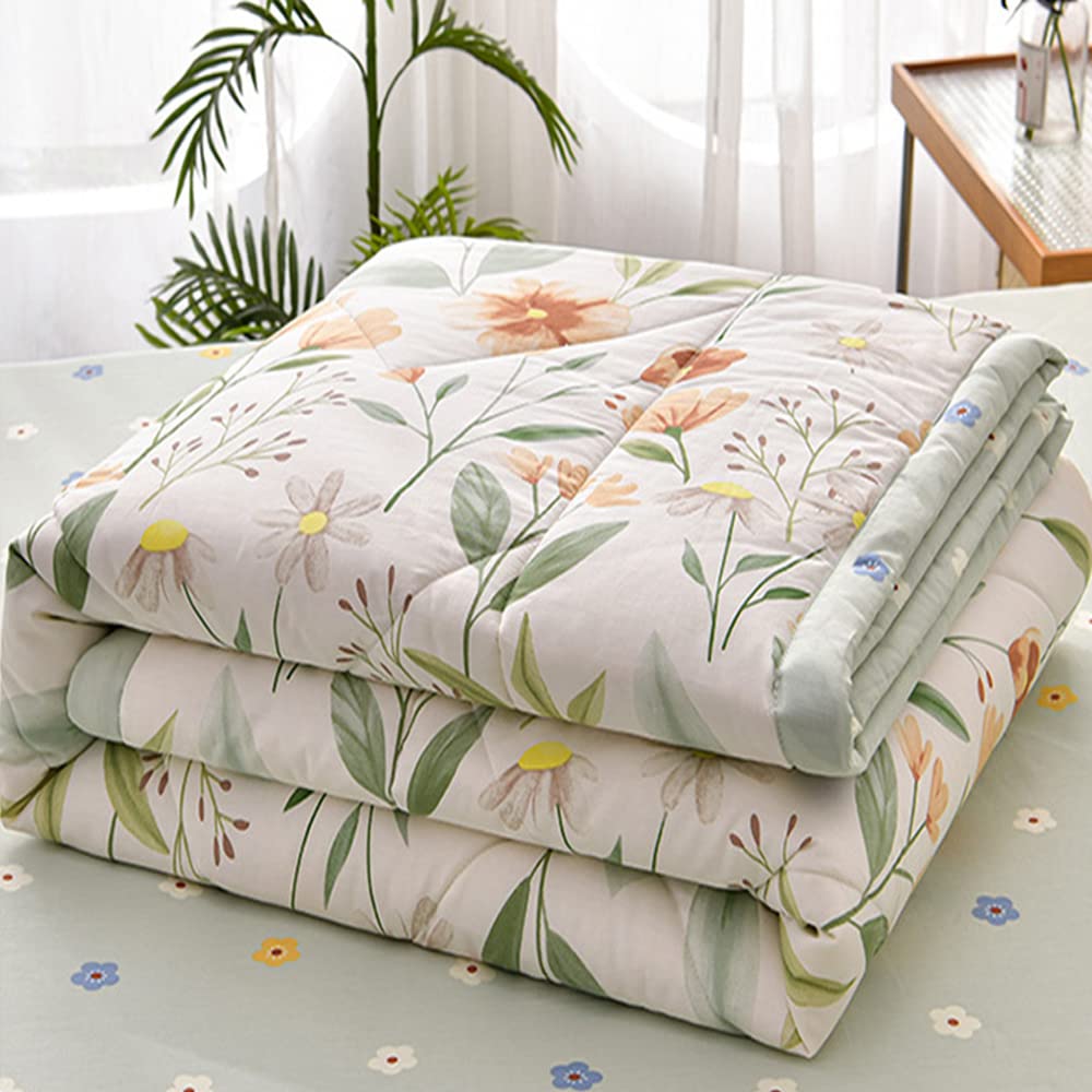 Chickwin Quilted Bedspread for Single Size, 150x200cm Green Floral Printed Pattern Bedding Coverlets Lightweight Summer Bed Throws Comforter Soft Luxury Sofa Blanket for All Season