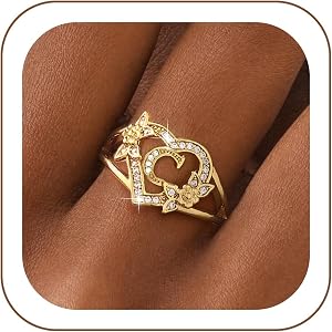 KELAIEN Initial Gold Rings for Women Non Tarnish 14K Gold Plated Cubic Zirconia Chunky Heart Statement Rings Dainty Vintage F