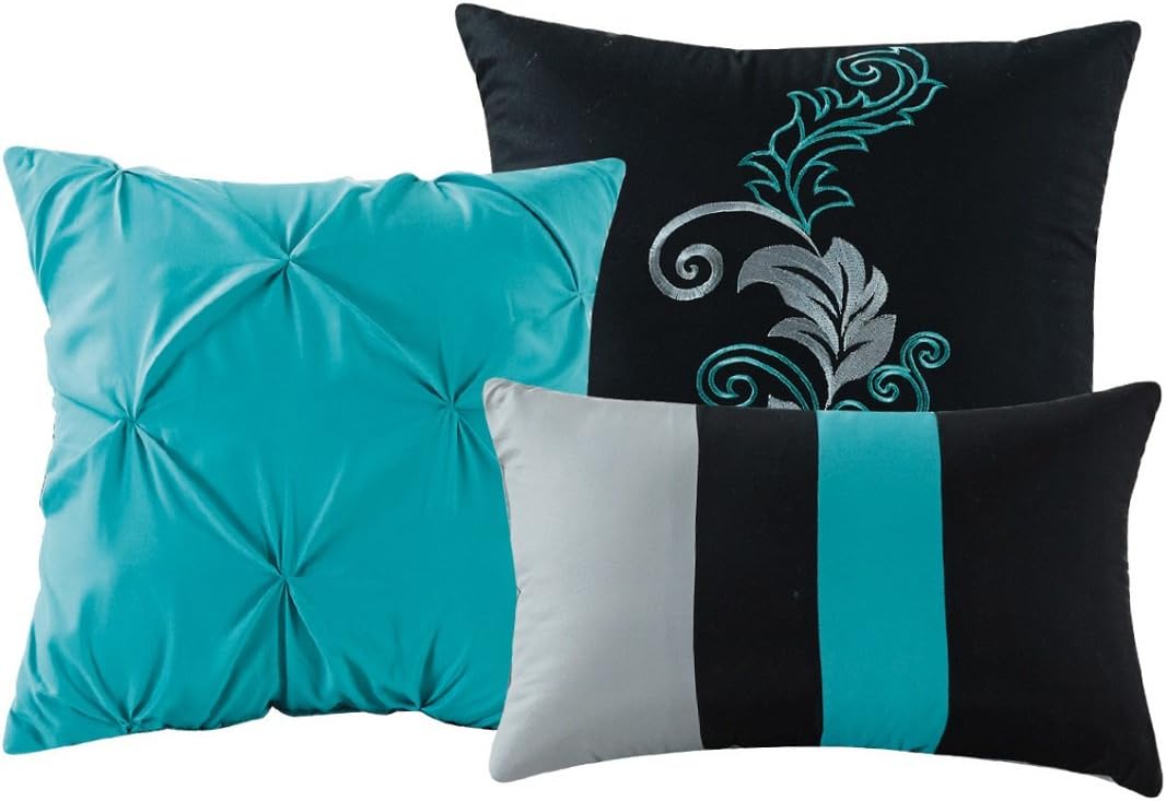 Chezmoi Collection Napa 7-Piece Luxury Leaves Scroll Embroidery Bedding Comforter Set (Queen, Teal/Gray/Black): Home & Kitchen