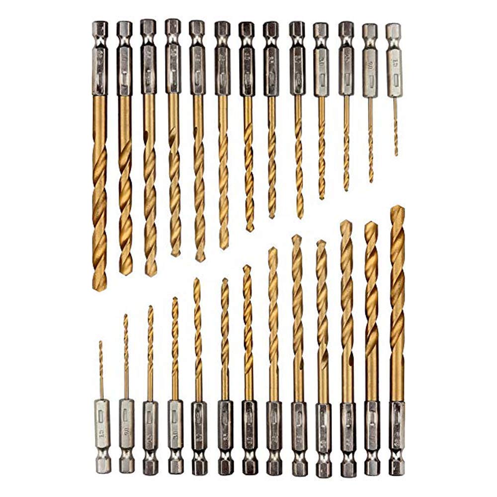 26 Piece Titanium Drill Bit Set, hex Shank high Speed Steel Drill bits, 1.5-6.5mm High Speed Steel,Titanium Coated HSS Drill Bit Set, Quick Change, 1/4" Hex Shank