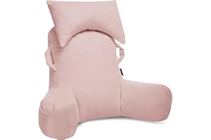Unisakey Portable Reading Pillows with Headrest for Bed Sitting Up(Pink Oeko-Tex), Velvet Back Pillow with Arms & Pockets for Adults, Support Memory Foam Bed Pillow for Dorm/Reading/Watching/Gaming