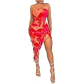 WDIRARA Women's Tie Dye Strapless Bodycon Tube Dress Ruched Asymmetrical Ruffle Midi Dress