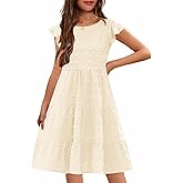 HOSIKA Girls Summer Cute Swiss Dot Flutter Sleeve Boho A Line Swing Tiered Casual Holiday Dress for 6-12 Years