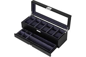 Baskiss Watch Box with Drawer, Double-layer Jewelry Organizer Case with Glass Lid, Display Storage Holder for Men Woman Anniv