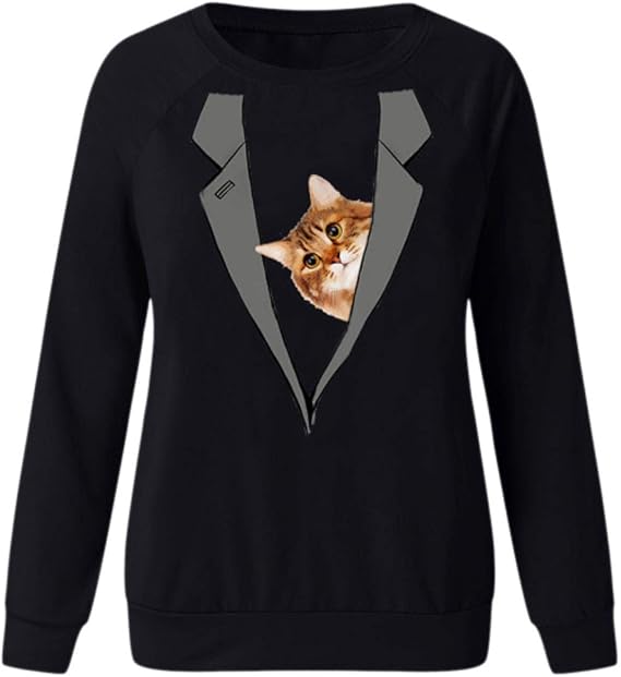 Women Casual Long Sleeve TShirts Cat Printed Tshirts ONeck Long
