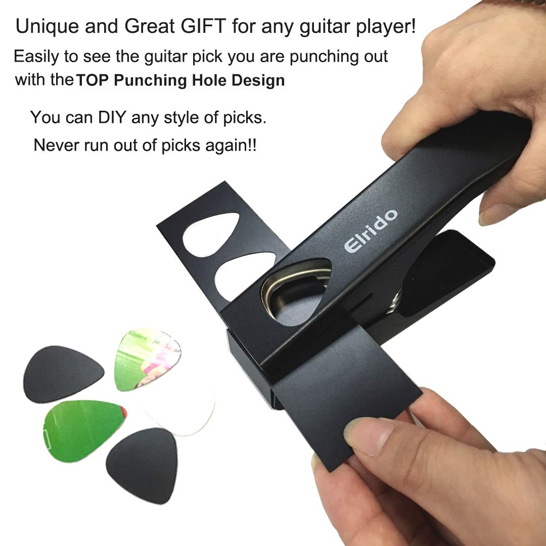 Elrido DIY Guitar Picks Maker Guitar Pick Punch Make Your Endless Guitar Picks, With Leather Key Chain Picks Holder and 2 Pick Strips Sheet - Guitar Picks Puncher Tool Kit Gift for Guitarist (Black)
