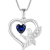 Lwsary Guardian Angel Necklace 925 Sterling Silver Heart Angel Wings Pendant Birthstone Jewelry for Women