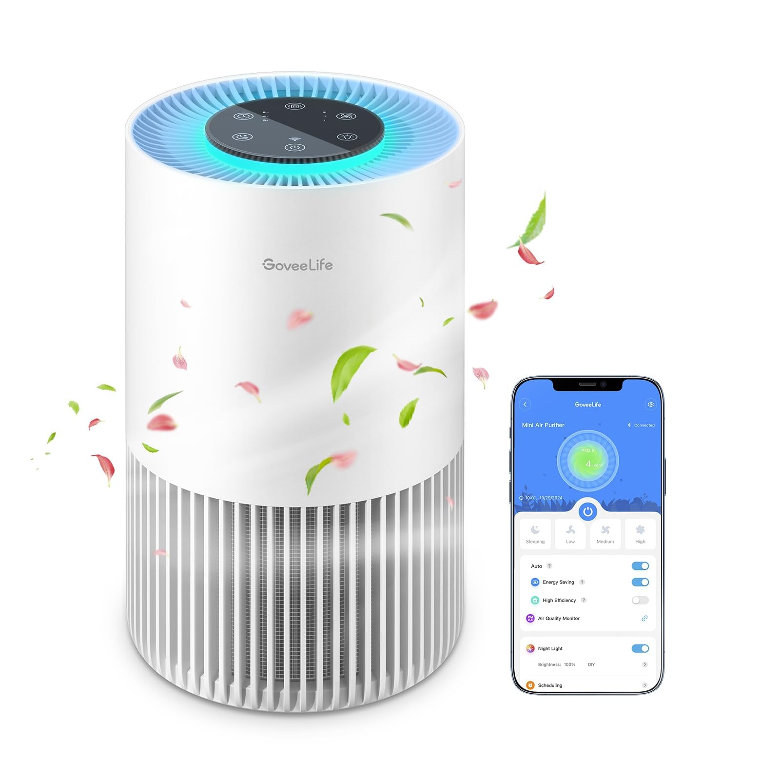 GoveeLife Smart Air Purifiers for Bedroom, Portable Filter Cleaner with WiFi Alexa Control for Pet Hair Odors Pollen Smoke, 24dB Quiet Air Purifier with 3 Speeds, Timer, Aromatherapy for Desktop