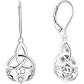 JO WISDOM Women Claddagh Earrings,925 Sterling Silver Irish Celtic Claddagh Love Heart Drop & Dangle Leverback Earrings