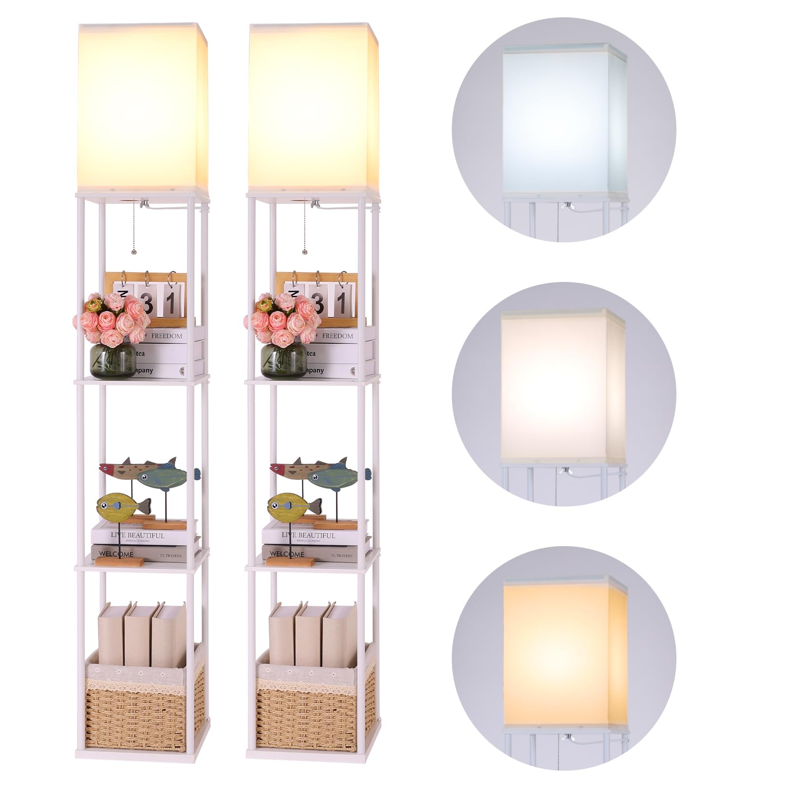 Gupuzm Floor Lamp with Shelves, 4 Layer Square Standing Lamp with 3 Color Temperature Bulb, Corner Display Bookshelf Lamp for Living Room, Bedroom and Office（White-2 Packs） Image