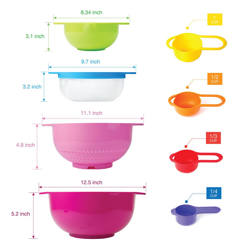8 pc Color Compact Food Prep Nesting Mixing Bowl Set Plastic - with Non Slip Bowls, Colander, Sieve and Measuring Cups Stackable Kitchen Dishwasher Safe Salad, Cake and Bakery, Vegetable, Fruit