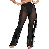 NewBull Women's Mesh Pants Ruffle Sheer Cover Up for Bikini Bottom See-through Trousers Long Perspective Swimsuit Clubwear
