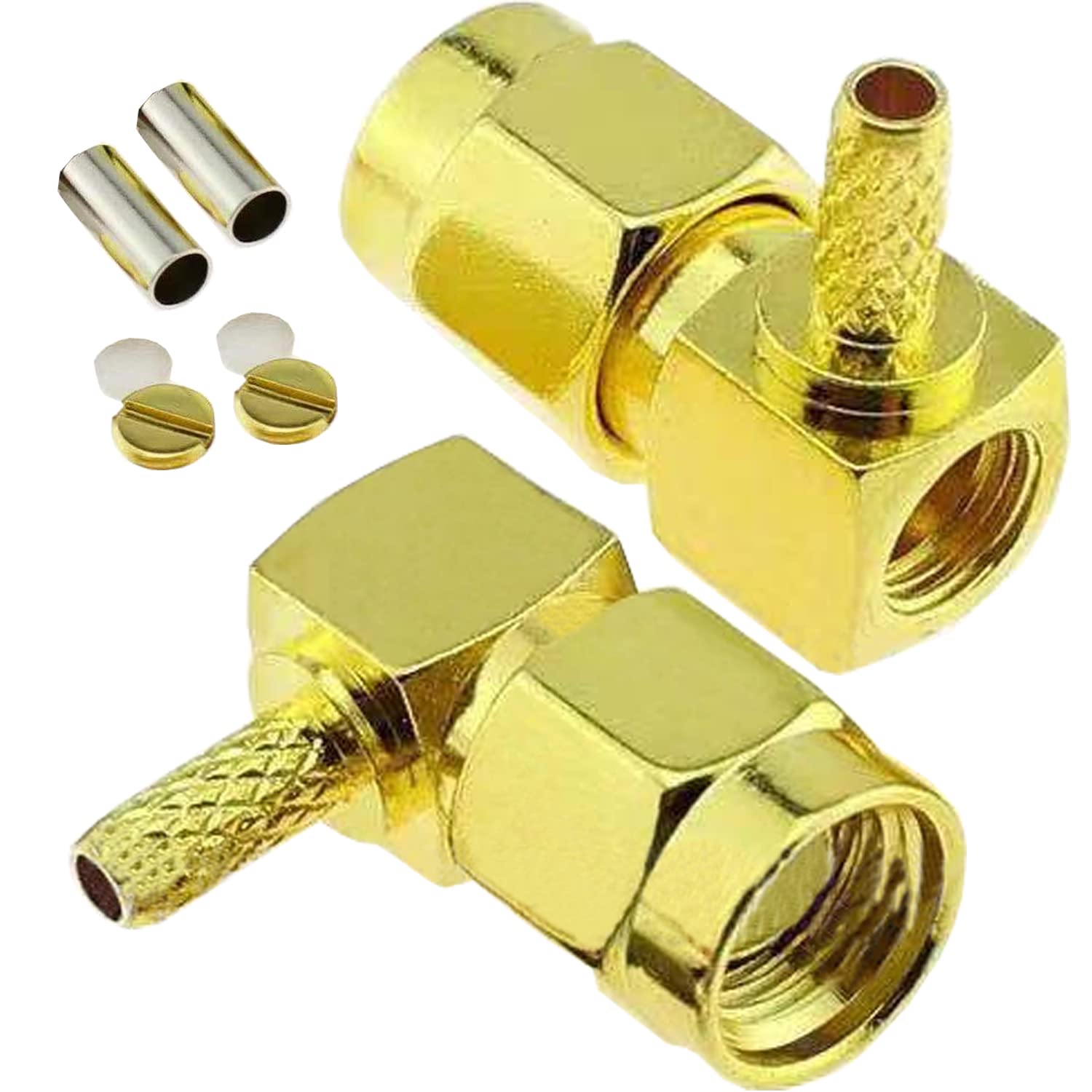 Fohevers 2 Pcs SMA Male Plug 90 Degree Crimp Connector RF Coaxial Copper Plating Adapter for RG174 RG316 Cable