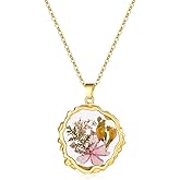 Aliravine Real Pressed Flower Necklace for Women, Handmade Birth Floral Pendant, Meaningful Nature-Inspired Jewelry Gift for Christmas, Valentine’s & Mother’s Day - 18"