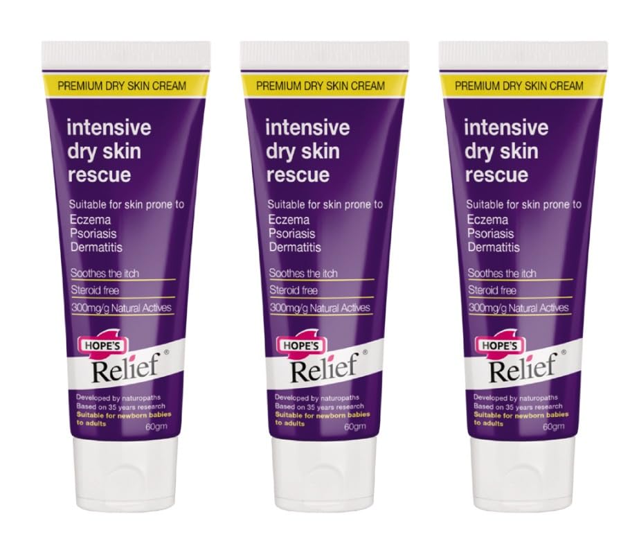 Hope's Relief Natural Intensive Dry Skin Cream Value 3 Pack Bundle for Face,Hands,Body Moisturiser, Eczema, Psoriasis and Dermatitis Treatment Ideal for Dry Itchy Skin and Irritated Skin 60g