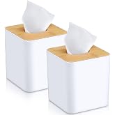 Teenyyou 2 Pcs Tissue Box Cover Plastic Square Paper Holder, White | 5x5 Inch Cube Decorative Napkin Holder, Wood Bamboo Plate, for Bathrooms Kitchen Office Home Bedroom Dresser Countertop Car