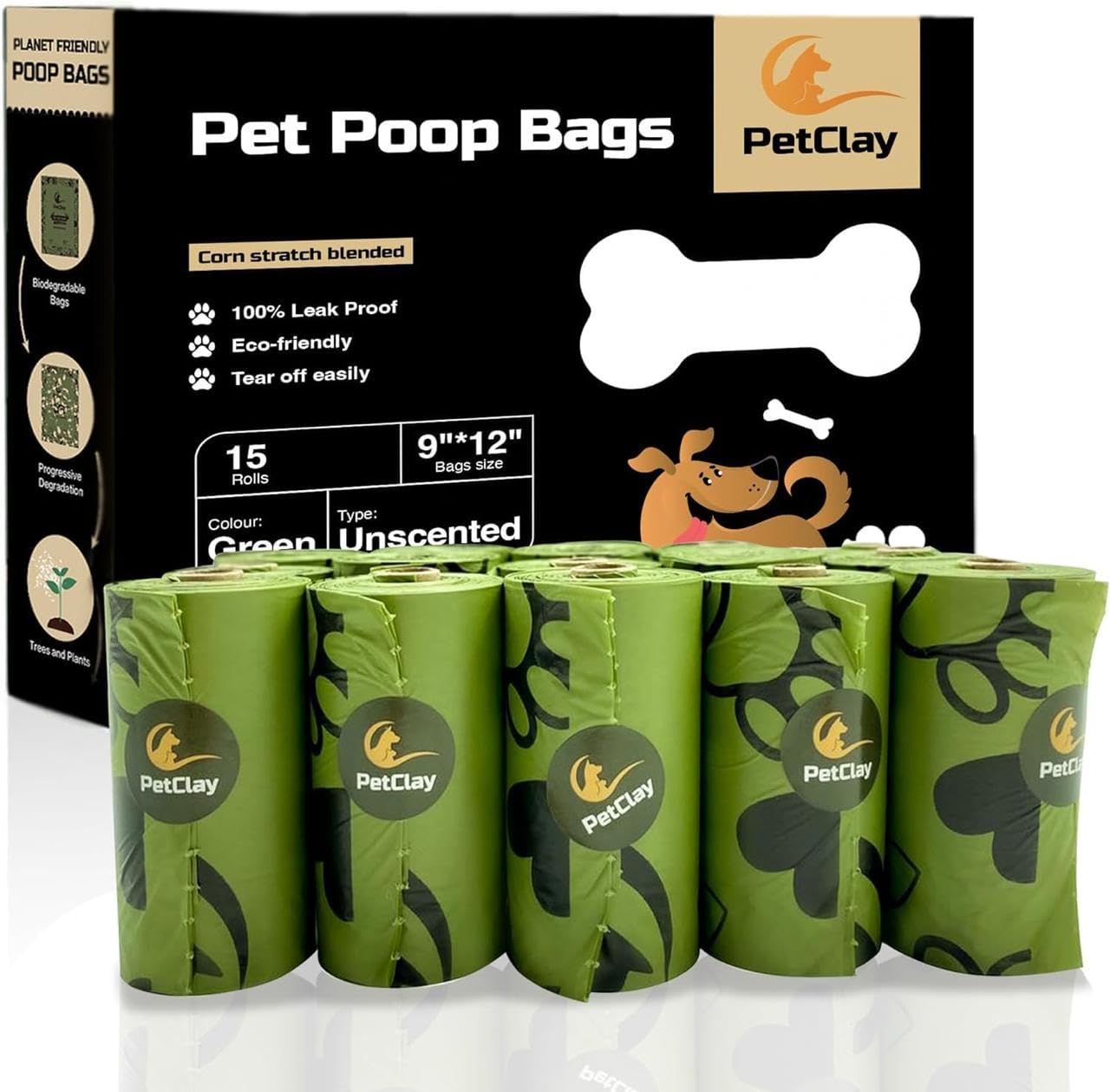 Petclay Poo Bags for Dog Waste, 225 Counts Biodegradable Dog Poop Bags, 100% Leak Proof and Extra Thick Refill Rolls for Dogs