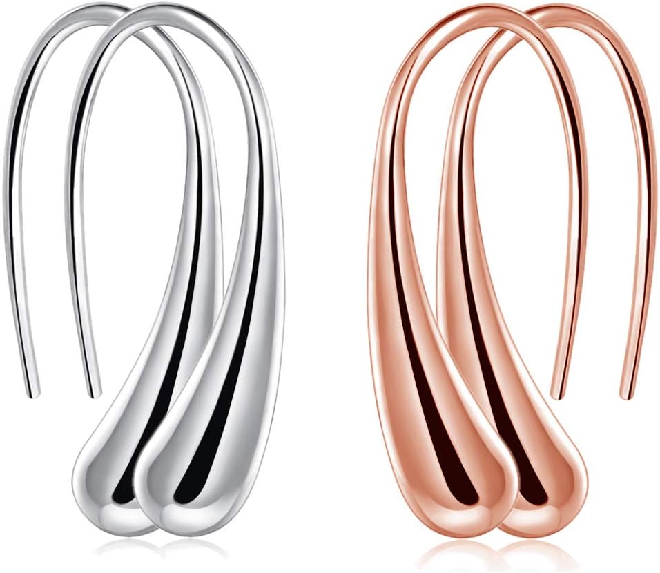 ARMRA Fashion Classic Silver Plate Thread Drop Earrings Teardrop Back Earrings（1pair silver+ 1pair rose gold）