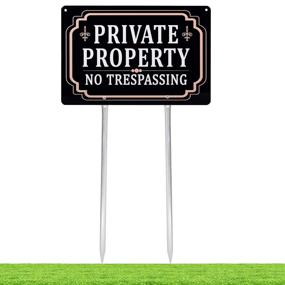 Kichwit Private Property No Trespassing Sign, Aluminum, 12" x 8", 14" Metal Stakes Included (1)